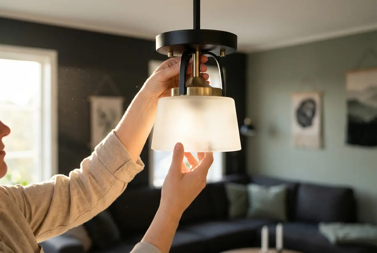Handen die moderne plafondlamp in Scandinavische woonkamer aanpassen