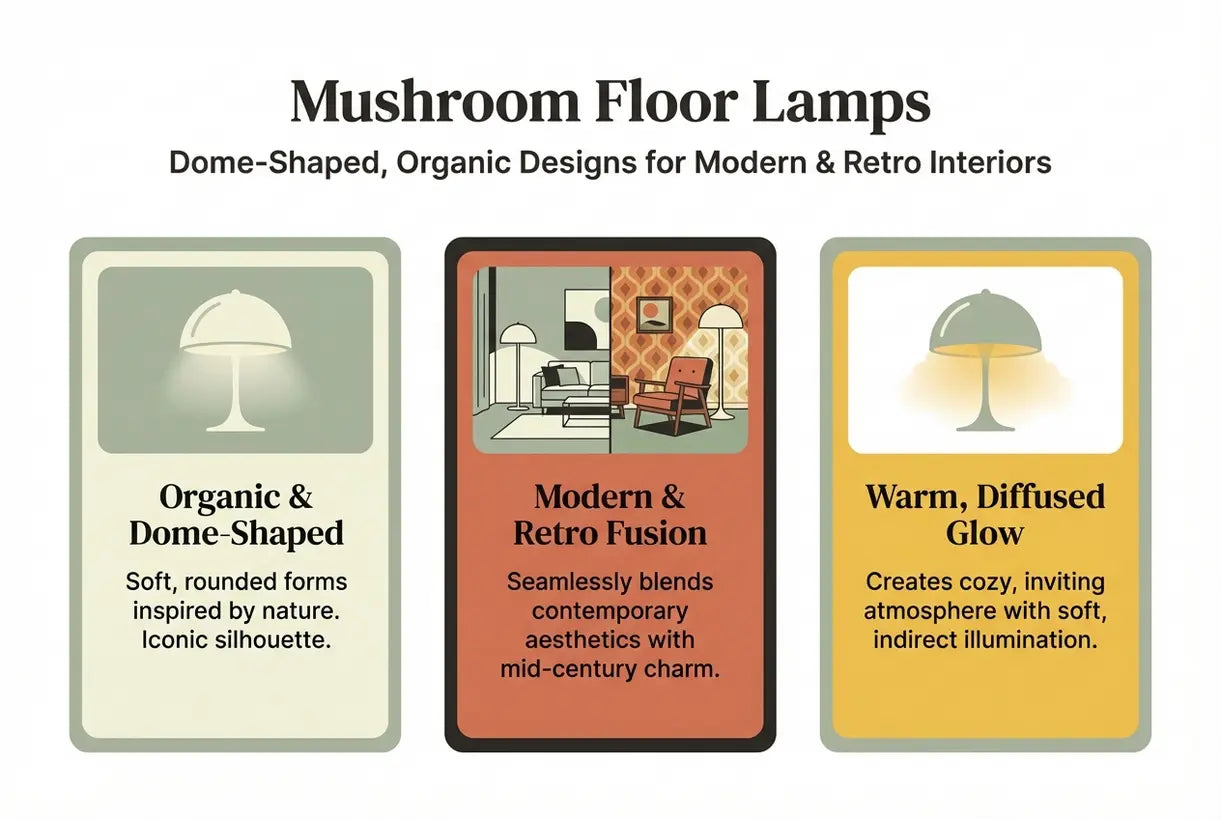 Paddenstoel Vloerlampen: Koepelvormige, Organische Ontwerpen voor Moderne & Retro Interieurs - infographic