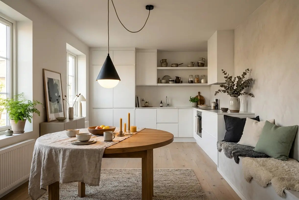 Scandinavian dining room with battery operated pendant light above wooden table