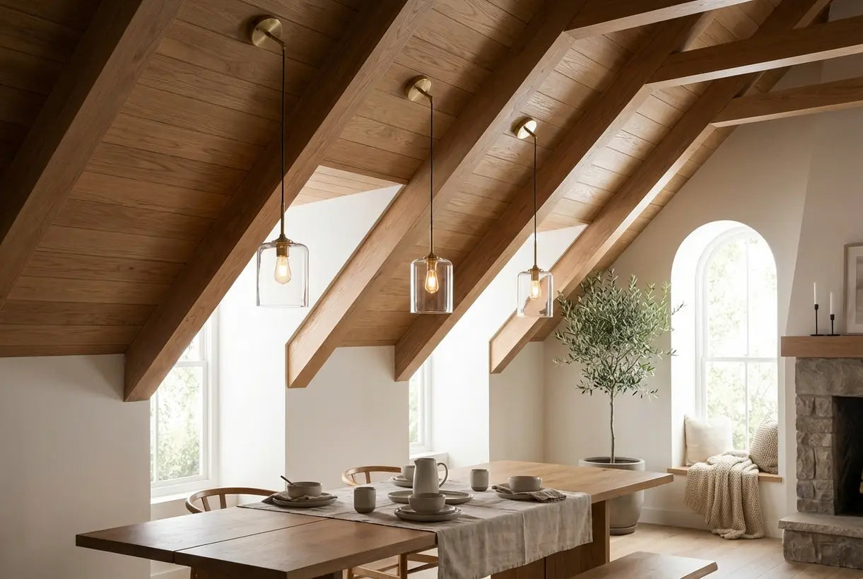 Scandinavische keuken met hanglampen aan een schuin plafond