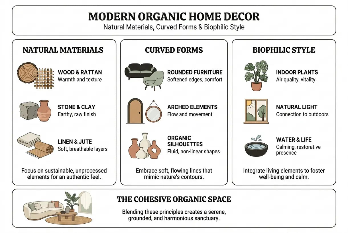 Modern Organic Home Decor: Natural Materials, Curved Forms & Biophilic Style - infographic