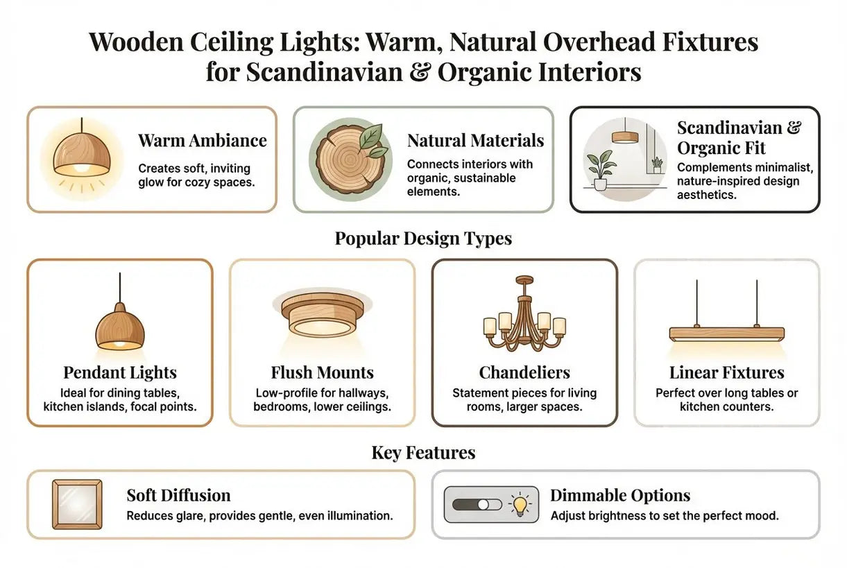 Houten Plafondlampen: Warme, Natuurlijke Plafondarmaturen voor Scandinavische & Organische Interieurs - infographic