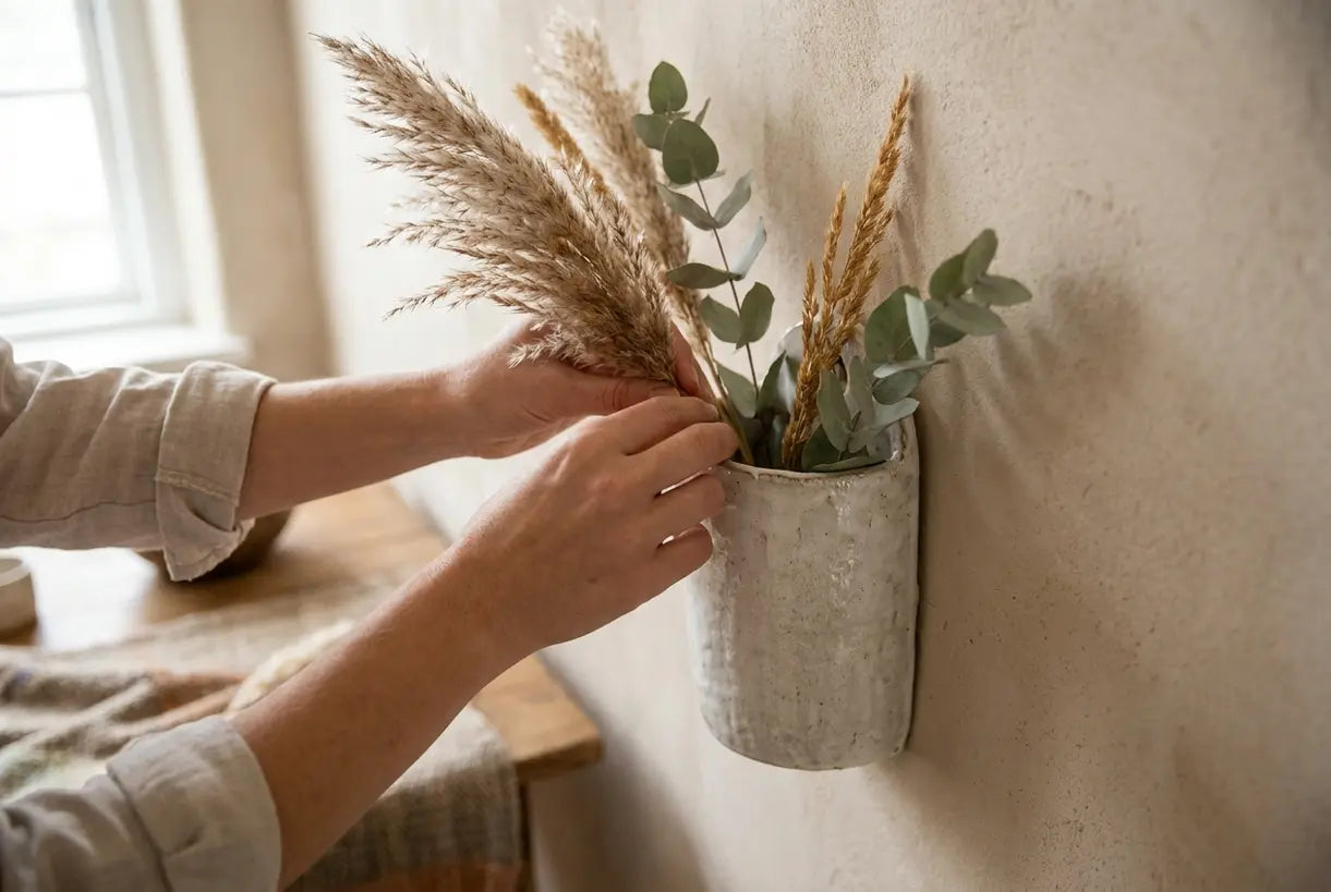 Hände arrangieren Trockenblumen in einer wandmontierten Keramikvase für nordische Wohnkultur