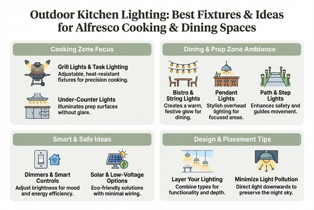 Verlichting voor de buitenkeuken: de beste armaturen en ideeën om buiten te koken en te eten - infographic