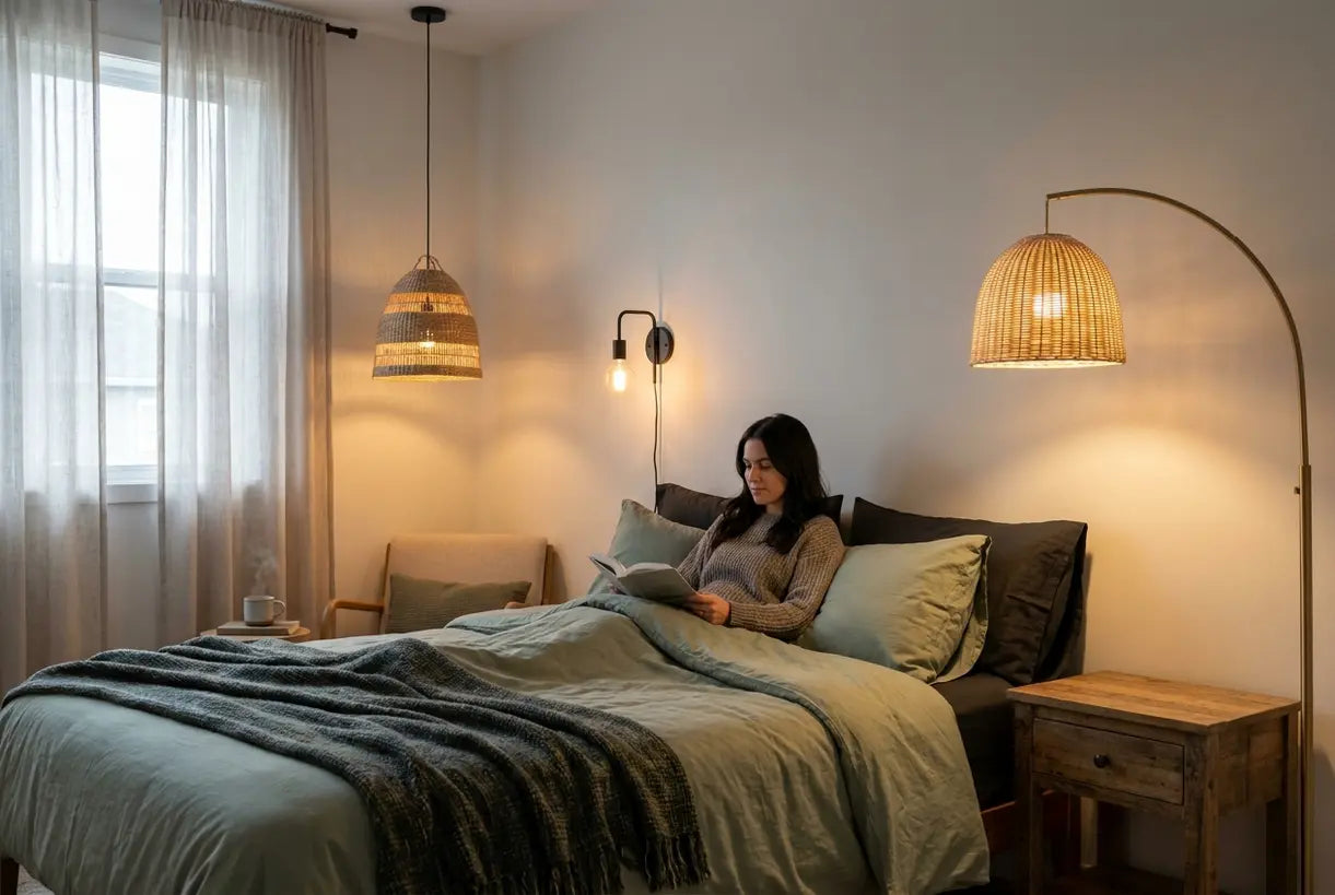 Scandinavian bedroom with layered lighting solutions no ceiling light