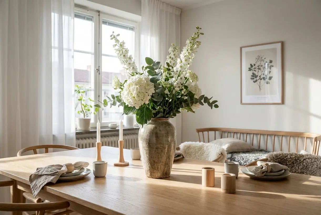 Skandinavisches Esszimmer mit hohem Vasen-Blumenarrangement als Mittelstück