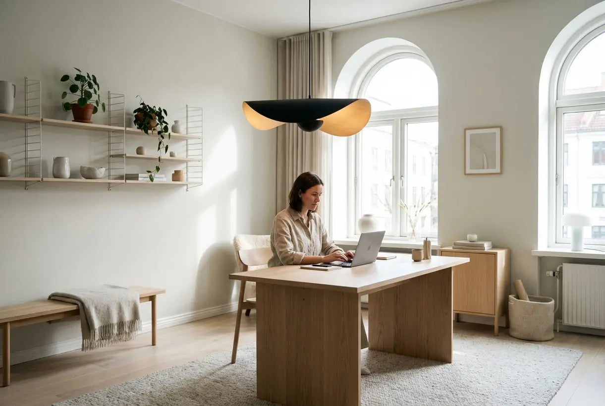 Scandinavische thuiskantoor werkplek met hanglamp voor productieve werkomgeving