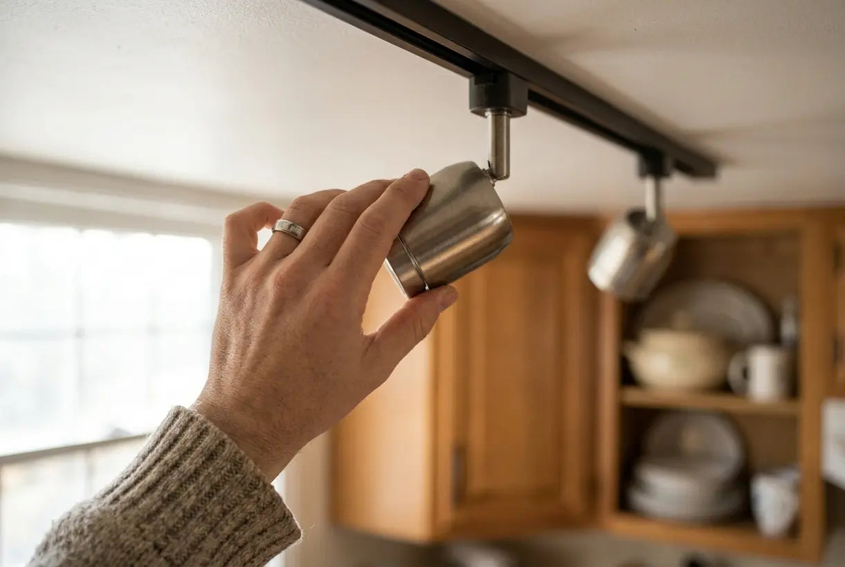 Hands adjusting modern kitchen track lighting fixture on ceiling rail