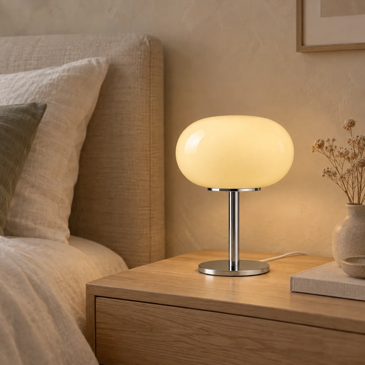 Lysta Dimmable Stained Glass Bedside Table Lamp, styled in a Scandinavian interior