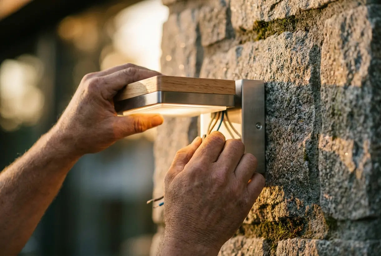 Close-up van het installeren van LED-buitenwandlamp op natuurstenen exterieur in de schemering