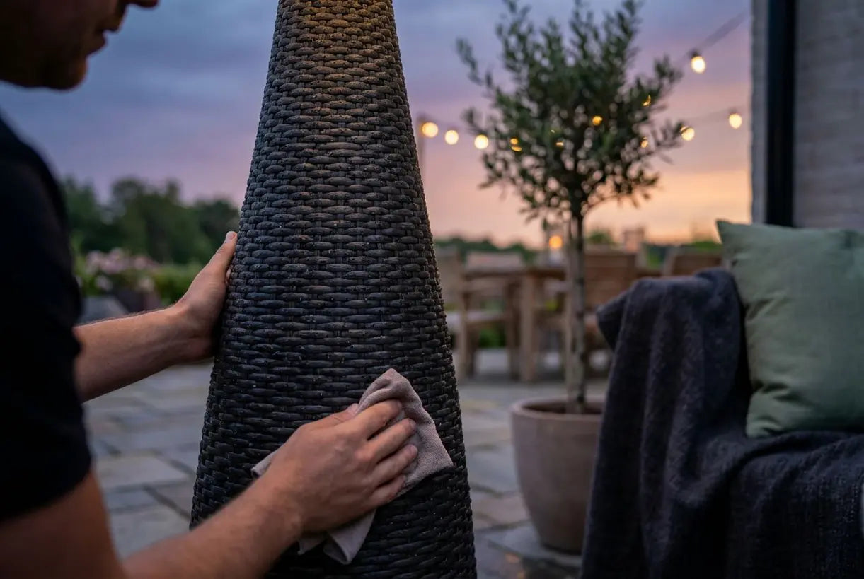 Weerbestendige rotan buiten vloerlamp textuur close-up met waterbestendige afwerking voor terrasverlichting