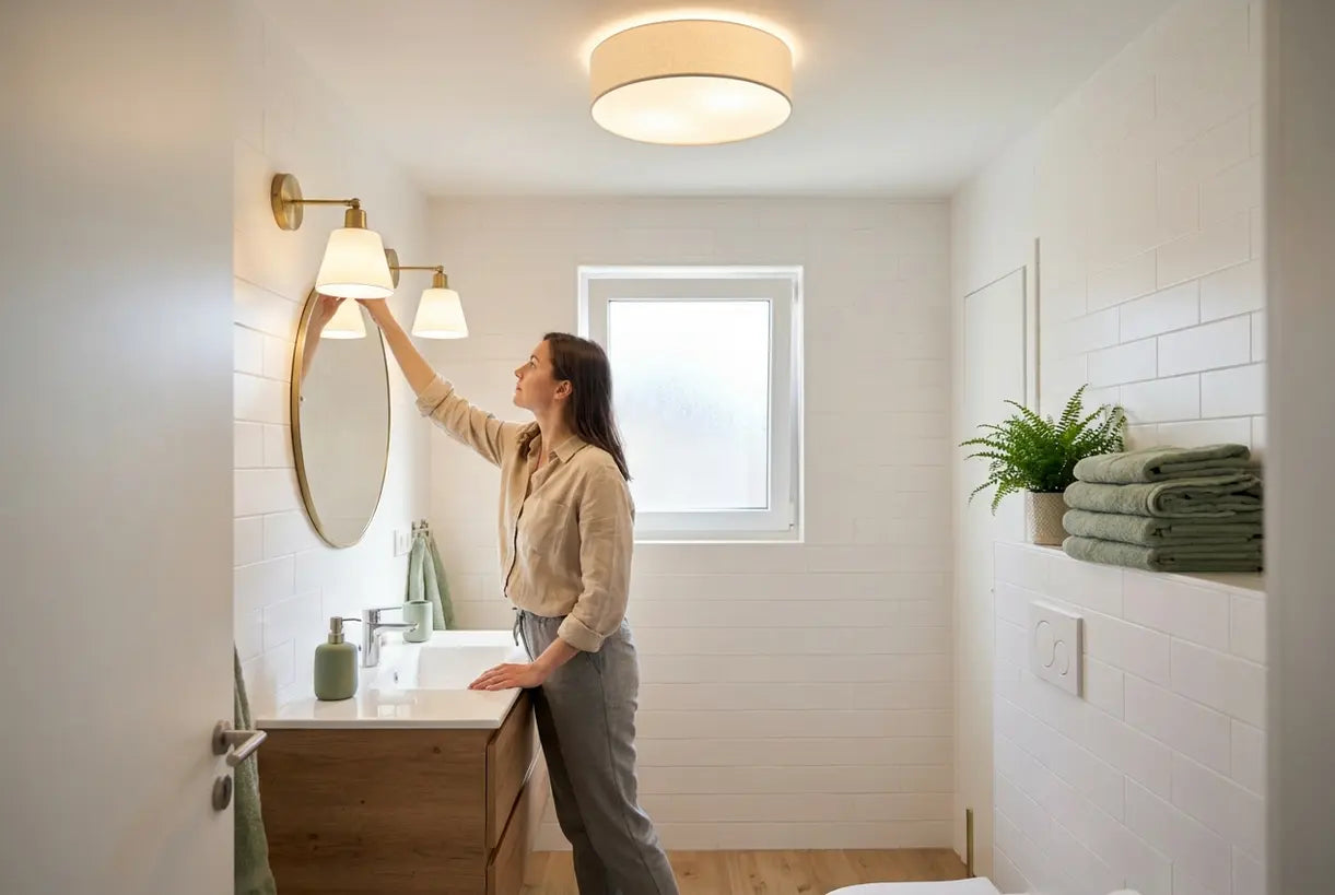 Scandinavian small bathroom with modern lighting fixtures and person adjusting wall sconce