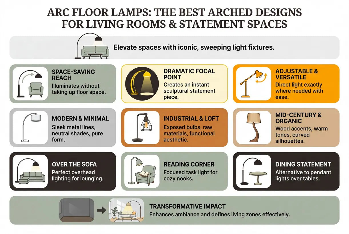 Boogvloerlampen: De Beste Gebogen Ontwerpen voor Woonkamers & Statement Ruimtes - infographic