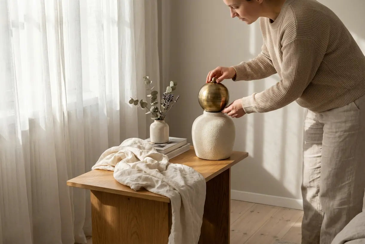 Hoek van een Scandinavische slaapkamer met een keramische tafellamp met sierknop in warm natuurlijk licht
