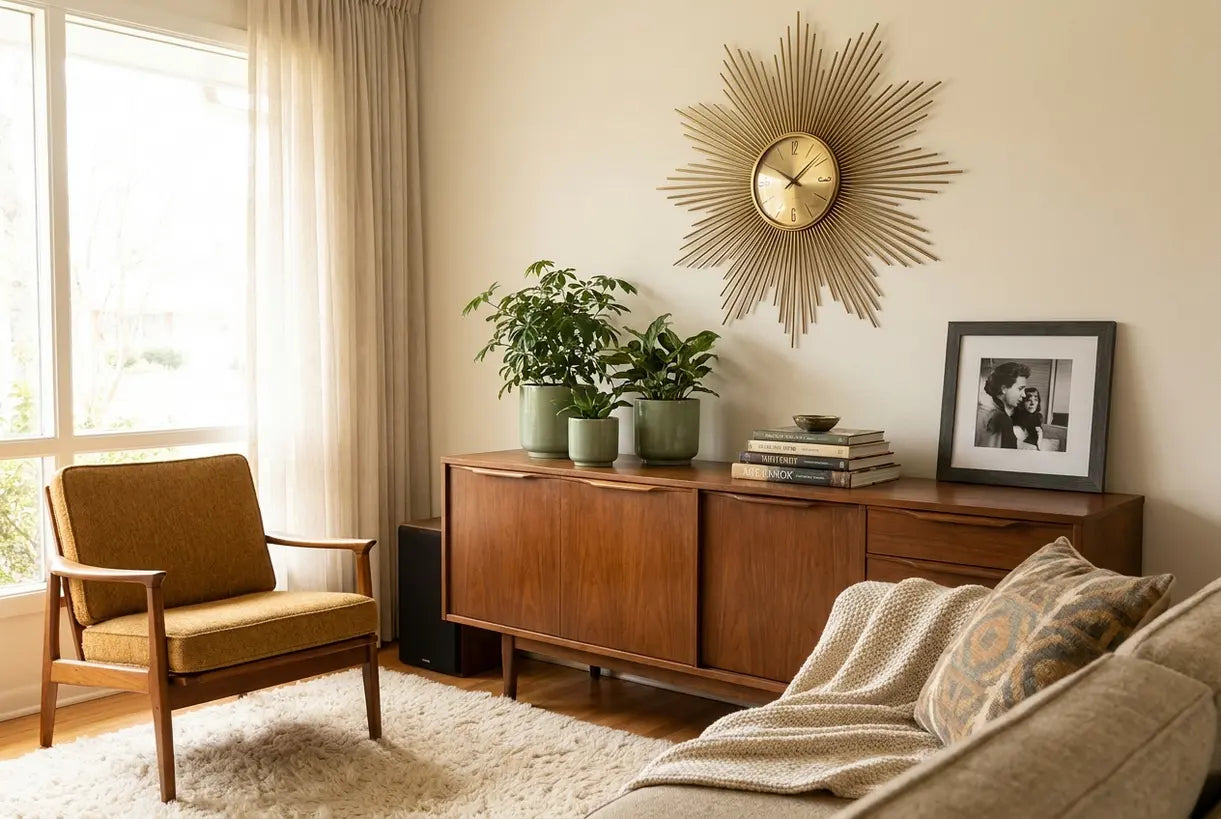 Mid-Century-Wohnzimmer mit Starburst-Wanduhr als Blickfang über dem Sideboard