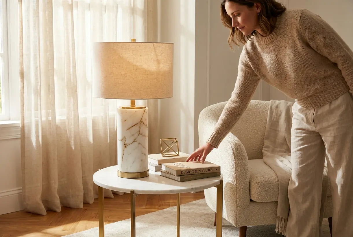 Goudmarmeren tafellamp in elegant woonkamerinterieur met natuurlijke verlichting