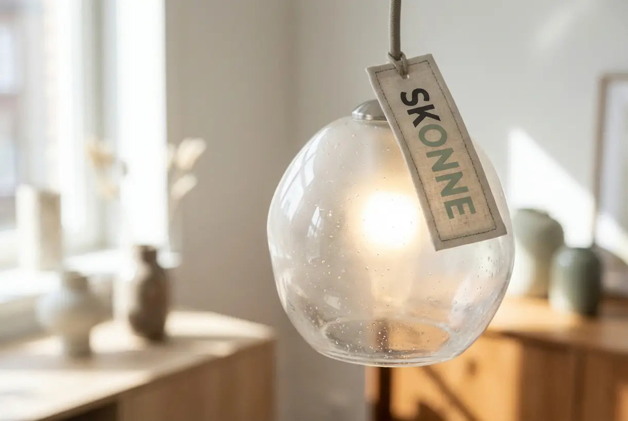 Detail van een mondgeblazen glazen hanglamp, Scandinavisch vakmanschap