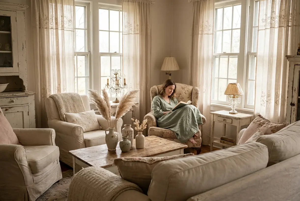 Sunlit shabby chic living room corner with soft linen textiles, vintage vases, and warm ambient lighting