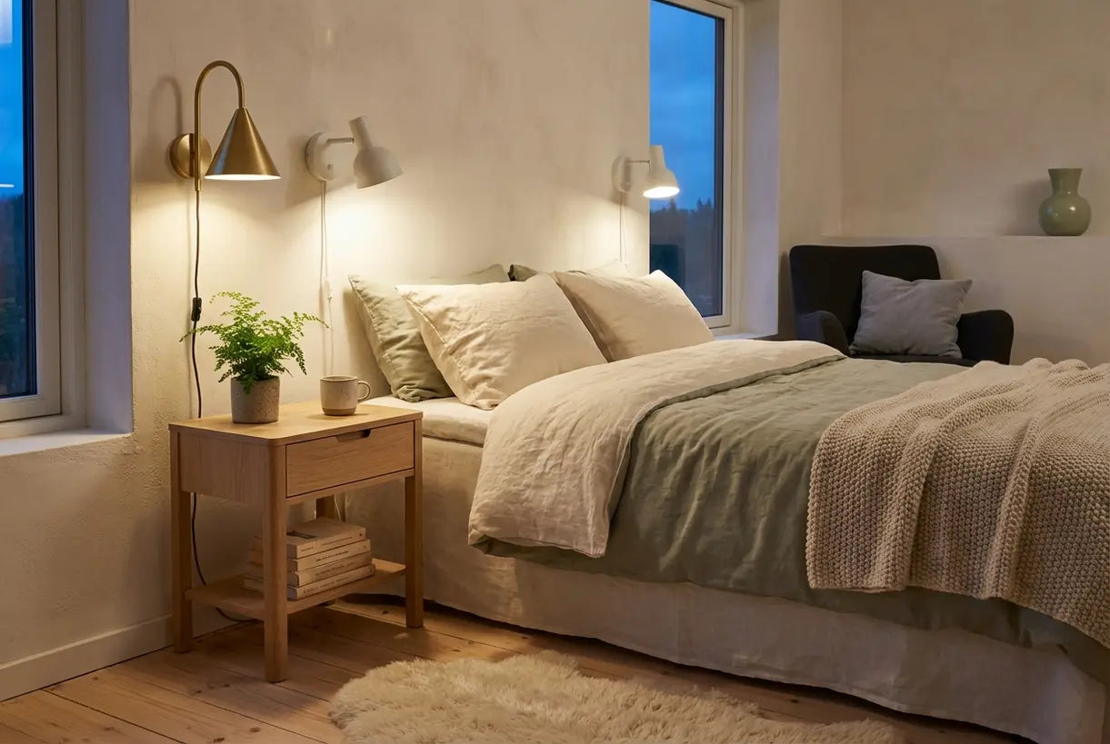 Scandinavisch slaapkamerinterieur met Scandinavische wandlampen die warme sfeerverlichting en een gezellige hygge-sfeer creëren