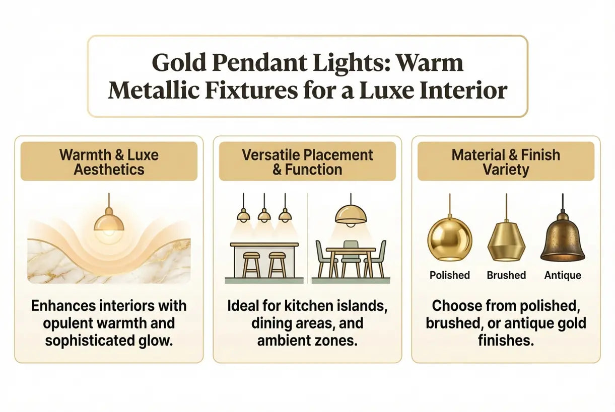Gold Pendant Lights: Warm Metallic Fixtures for a Luxe Interior - infographic