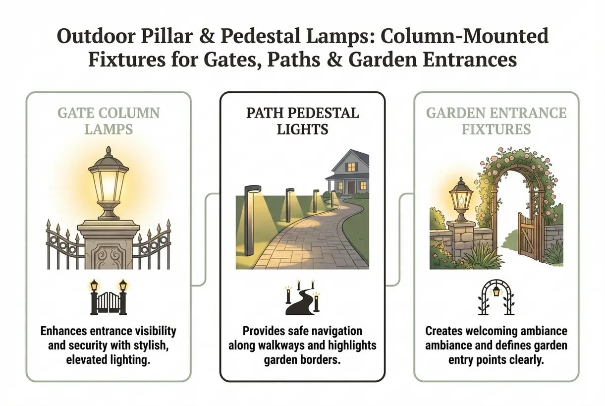 Zuil- en sokkellampen voor buiten: armaturen voor poorten, paden en tuiningangen - infographic