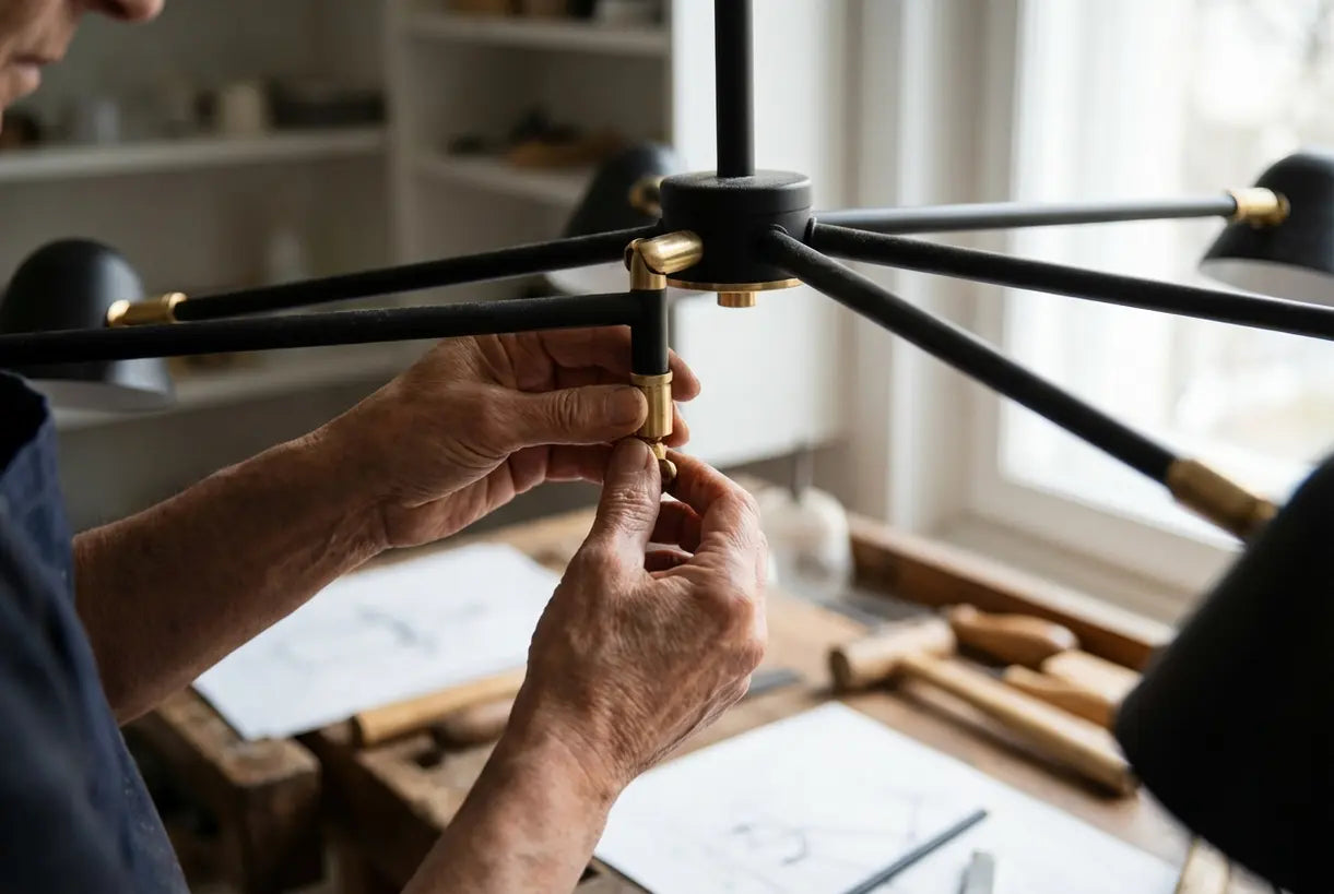 Handmatige detaillering van een sculpturale zwarte metalen plafondlamp, met ambachtelijk vakmanschap en mid-century modern design erfgoed