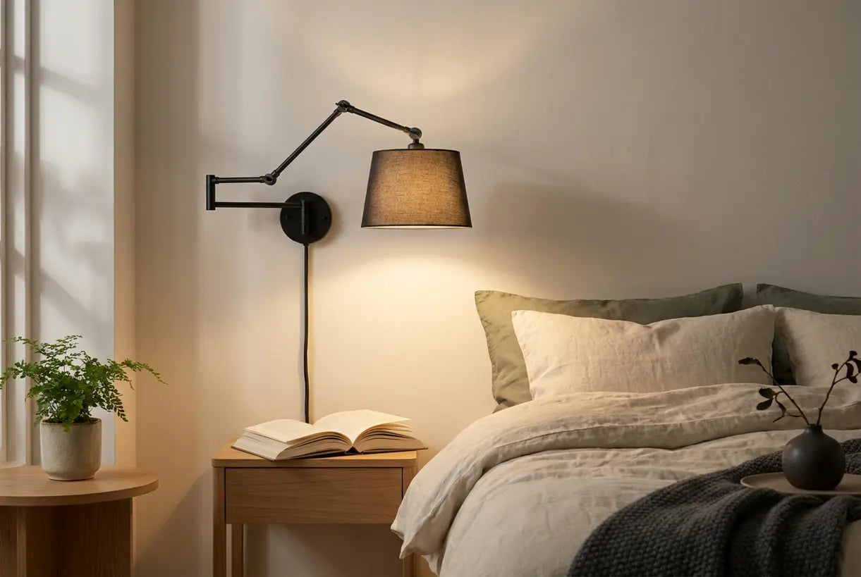 Scandinavian bedroom with swing arm wall sconce illuminating bedside reading area