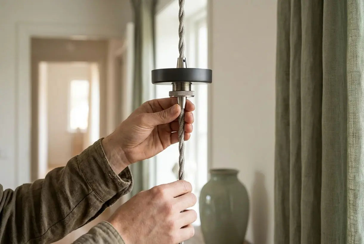 Handen stellen de snoerhoogte van een hanglamp in de hal in voor de perfecte plaatsing