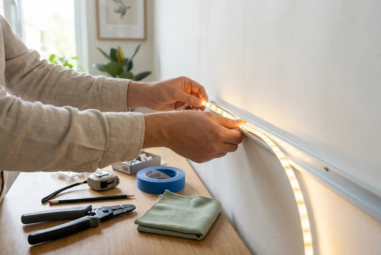 LED-stripverlichting op de muur installeren - detail van handen die tapeverlichting monteren in aluminium kanaal