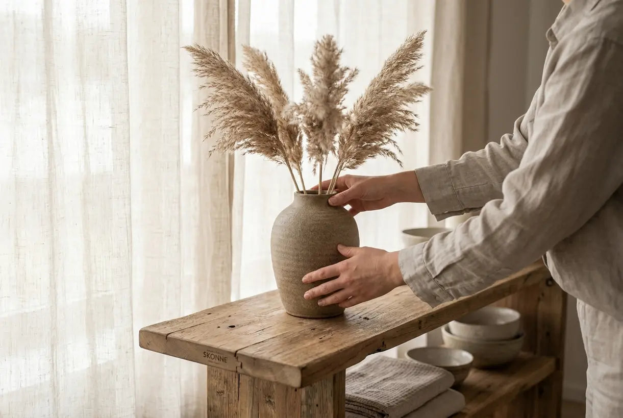 Close-up of hands styling a ceramic vase with dried pampas on wooden shelf, Scandinavian home decor detail