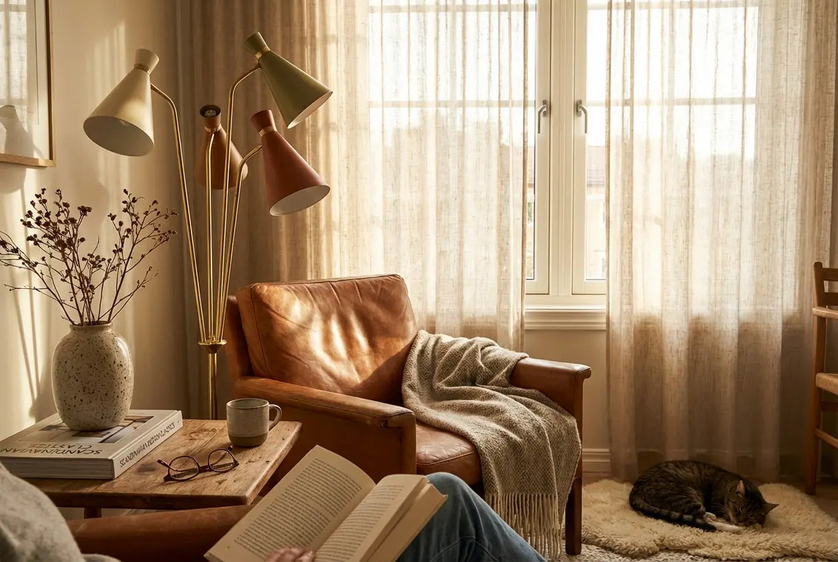 Scandinavische woonkamer met mid-century vloerlamp die warm sfeerlicht creëert