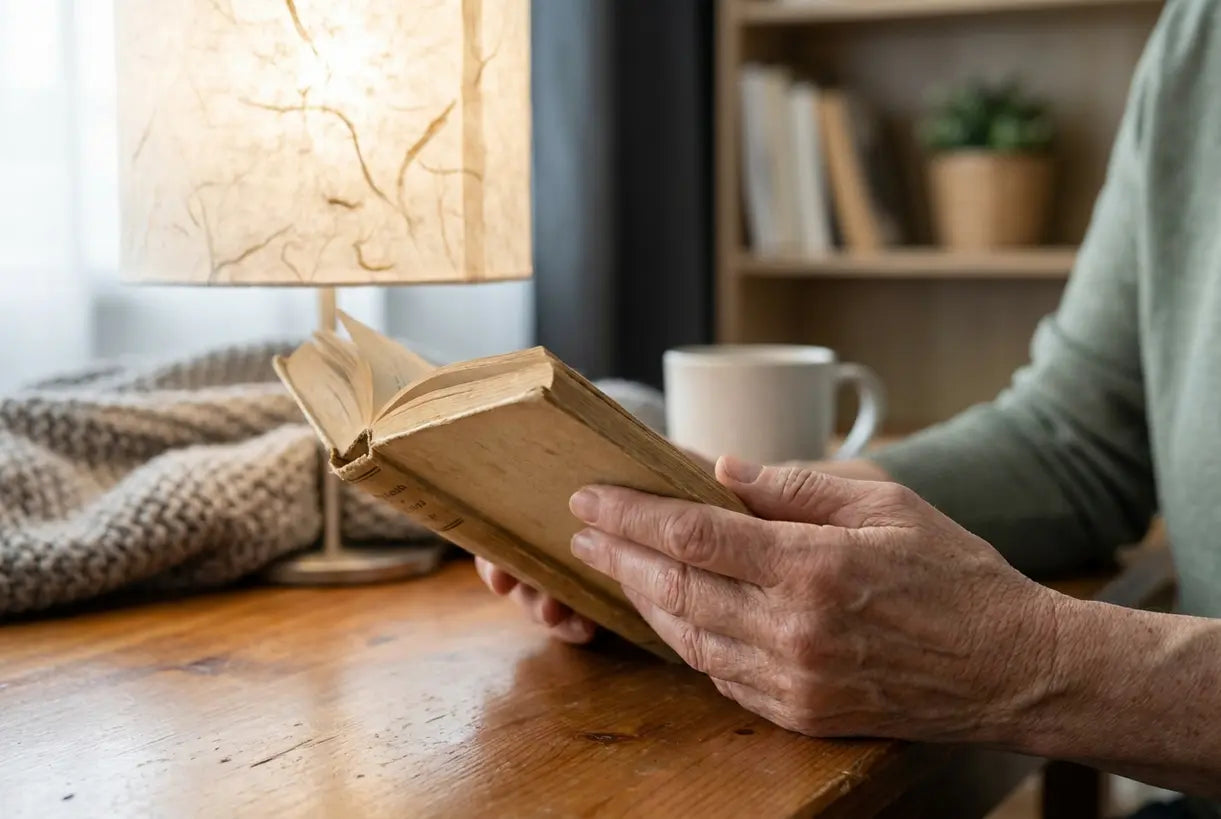 Hands holding open book in cozy home library with soft Scandinavian lighting