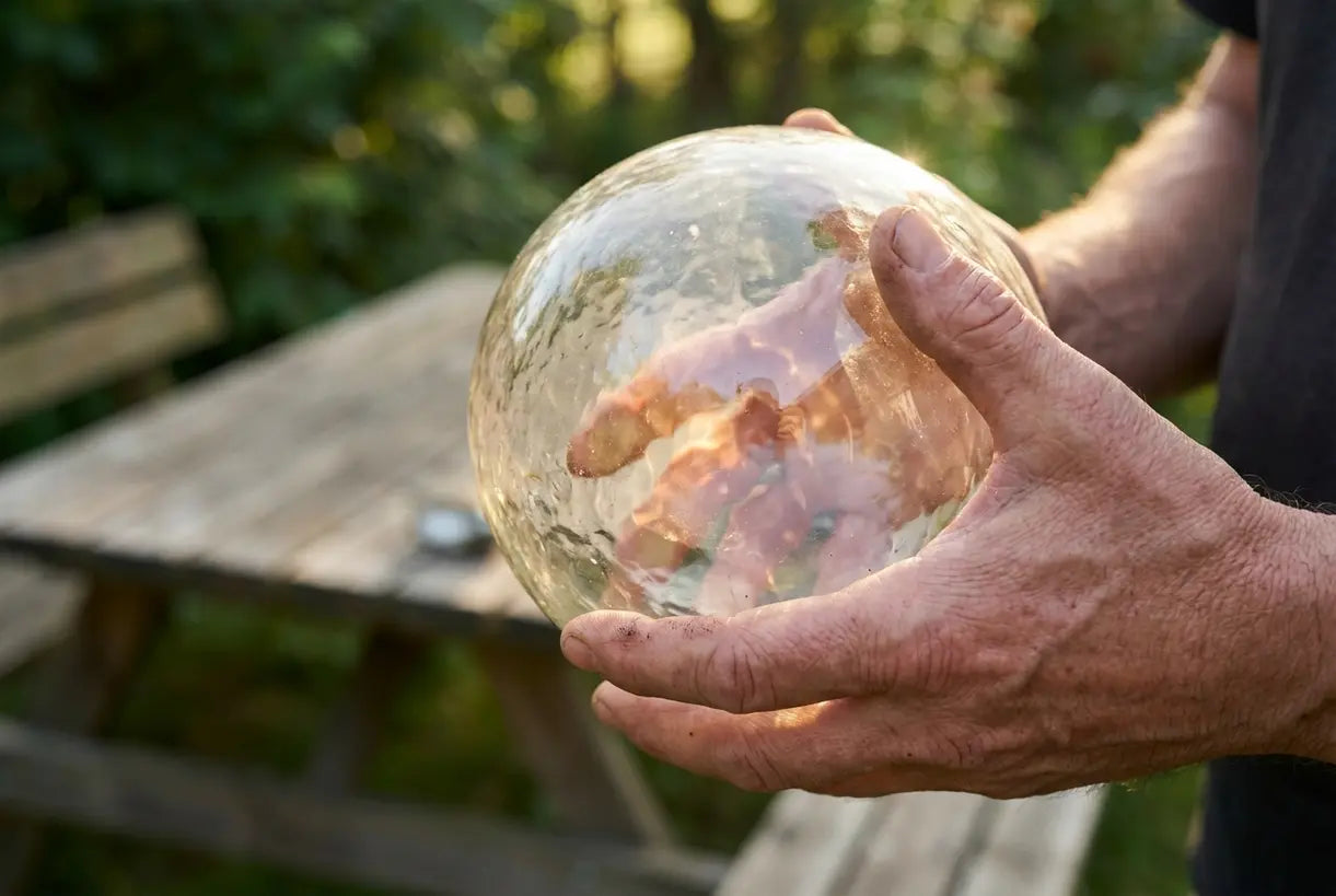 Handen houden glazen buitenlampbol vast die textuur en lichtkwaliteit toont
