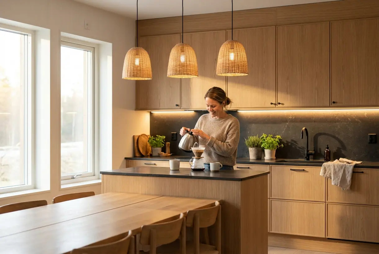 Scandinavian kitchen with layered pendant and under-cabinet lighting