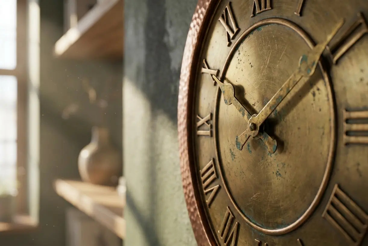 Nahaufnahme von Zeigern einer Vintage-Messingwanduhr mit warmgoldener Patina-Detail