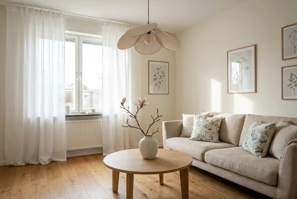 Scandinavian living room interior with floral patterns and botanical decor elements