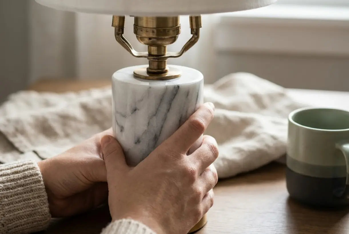 Handen die een marmeren messing tafellamp aanpassen, met natuurlijke steenadering en warme metalen accenten
