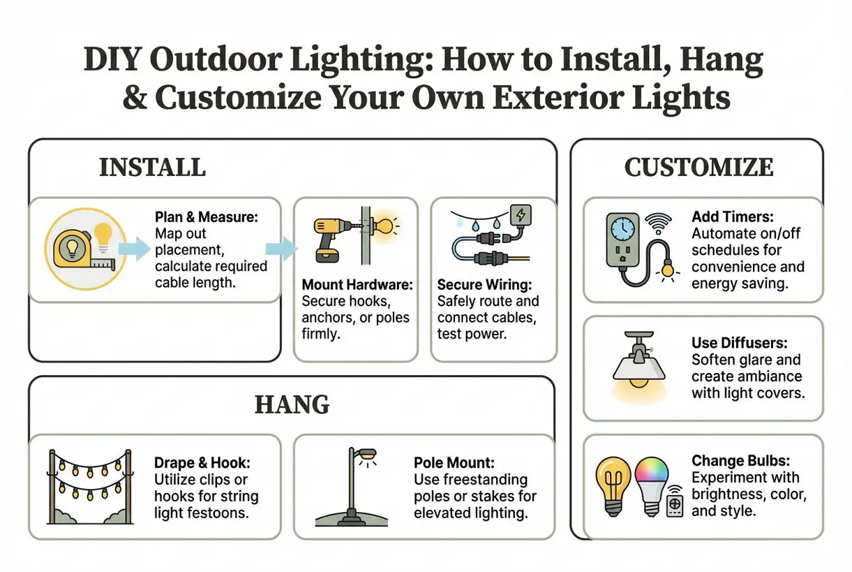 DIY Buitenverlichting: Hoe je je eigen buitenverlichting installeert, ophangt en aanpast - infographic