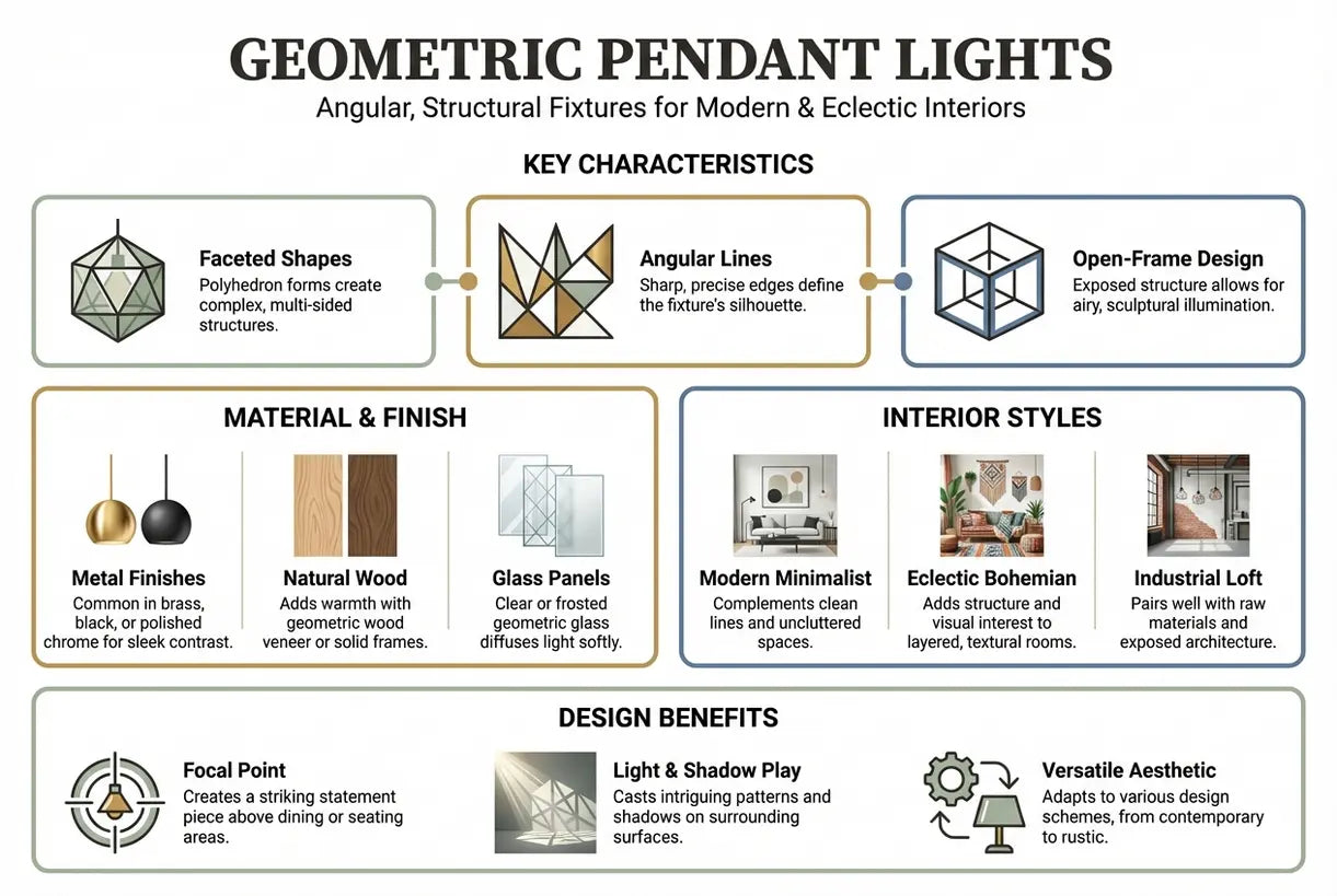 Geometrische hanglampen: Hoekige, structurele armaturen voor moderne & eclectische interieurs - infographic