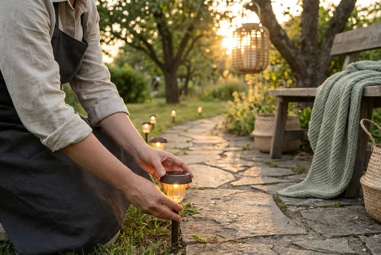 Handen zetten bij zonsondergang solar-padverlichting in de tuin, ideeën voor buitenverlichting