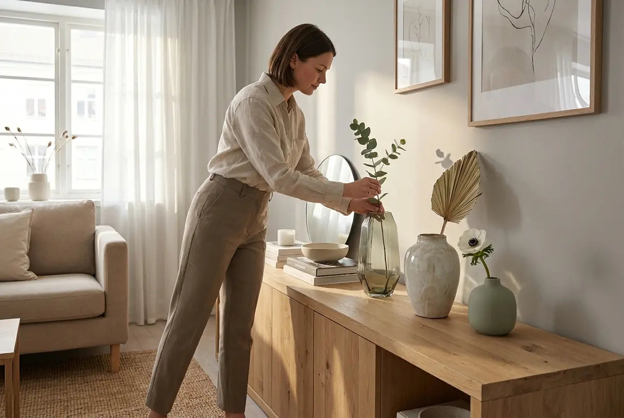 Samengestelde collectie moderne bloemenvazen op console tafel in Scandinavisch interieur