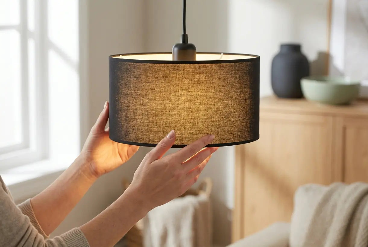 Handen passen moderne drum hanglamp met cilindrische kap aan die zachte diffuse verlichting uitstraalt