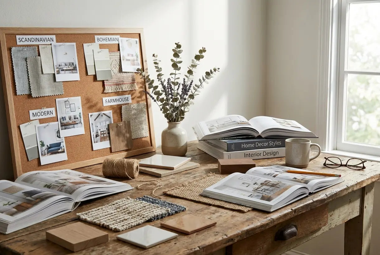 Interior design mood board workspace with home decor style samples and natural lighting