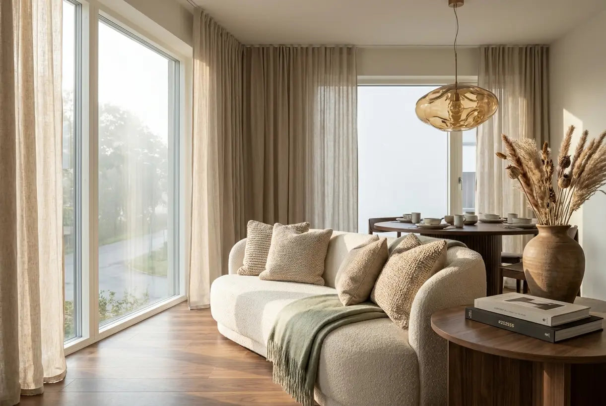 Scandinavian living room interior showcasing 2026 design trends with warm wood and sculptural lighting
