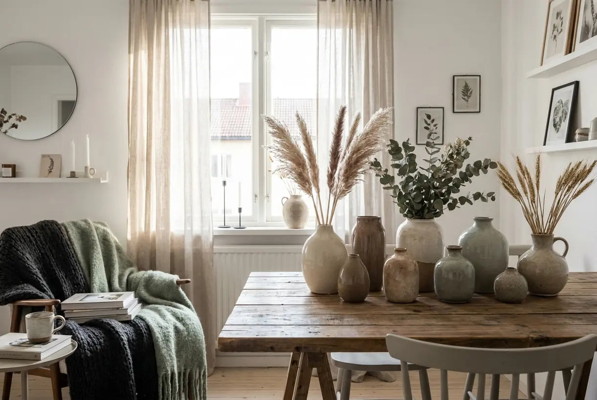 Collection of DIY ceramic vases styled in Scandinavian home interior