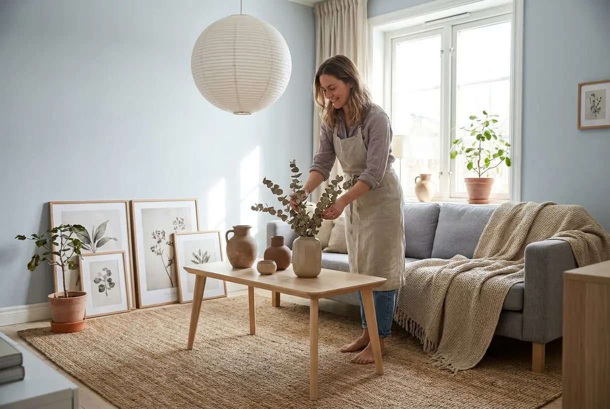 Scandinavian living room with affordable home decor and person styling flowers