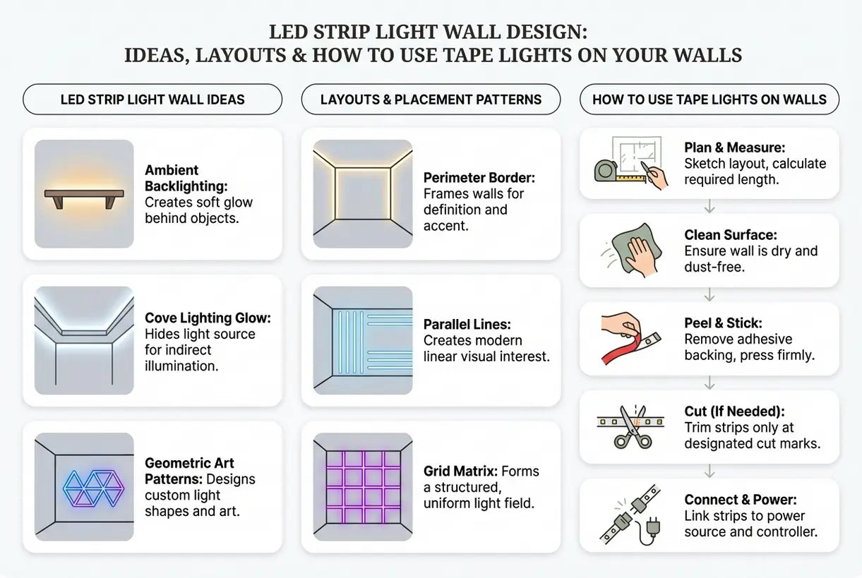 LED Strip Licht Wandontwerp: Ideeën, Lay-outs & Hoe Tape Lichten op Je Muren te Gebruiken - infographic
