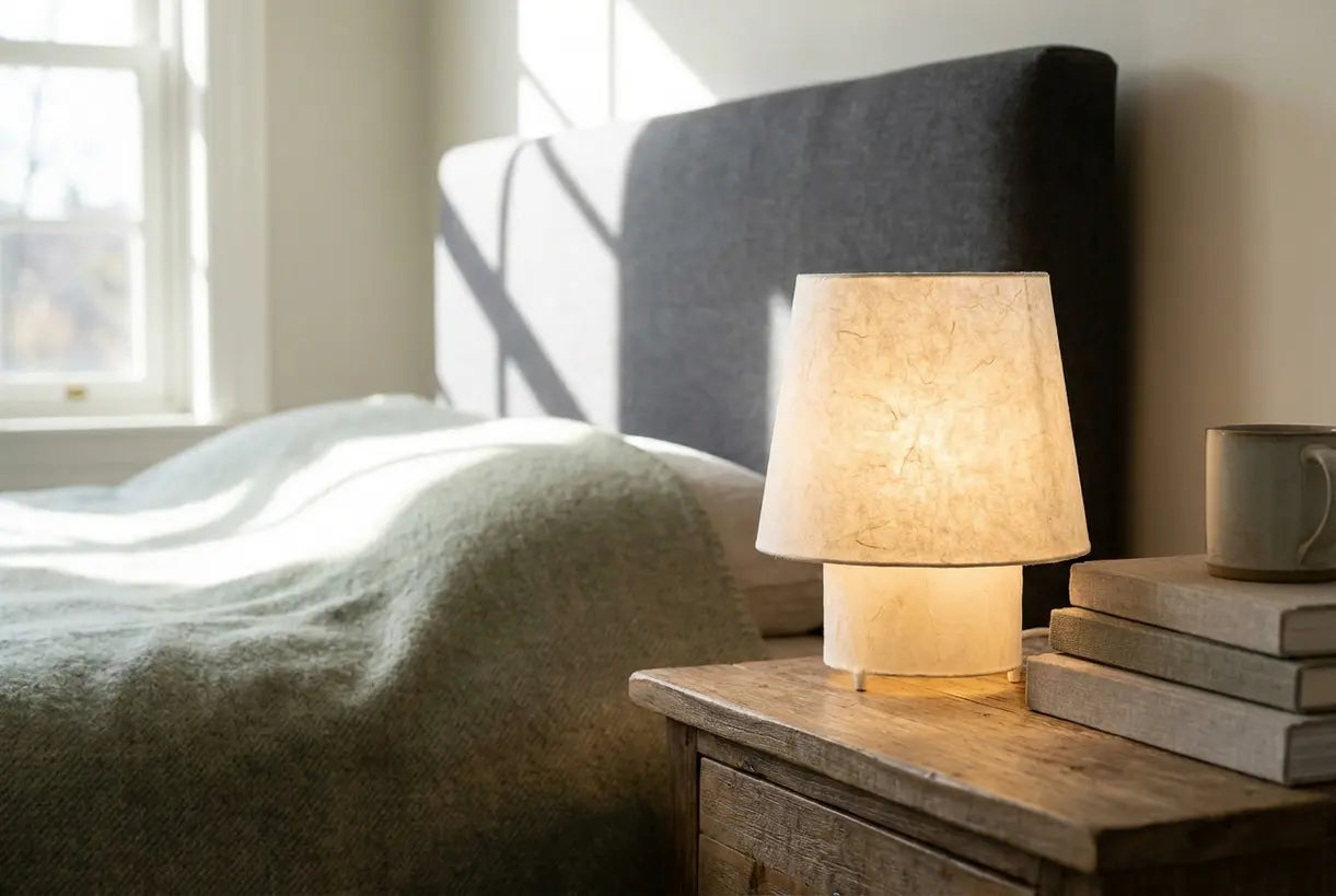 Minimalist rice paper table lamp casting soft warm ambient light on a Scandinavian bedroom nightstand