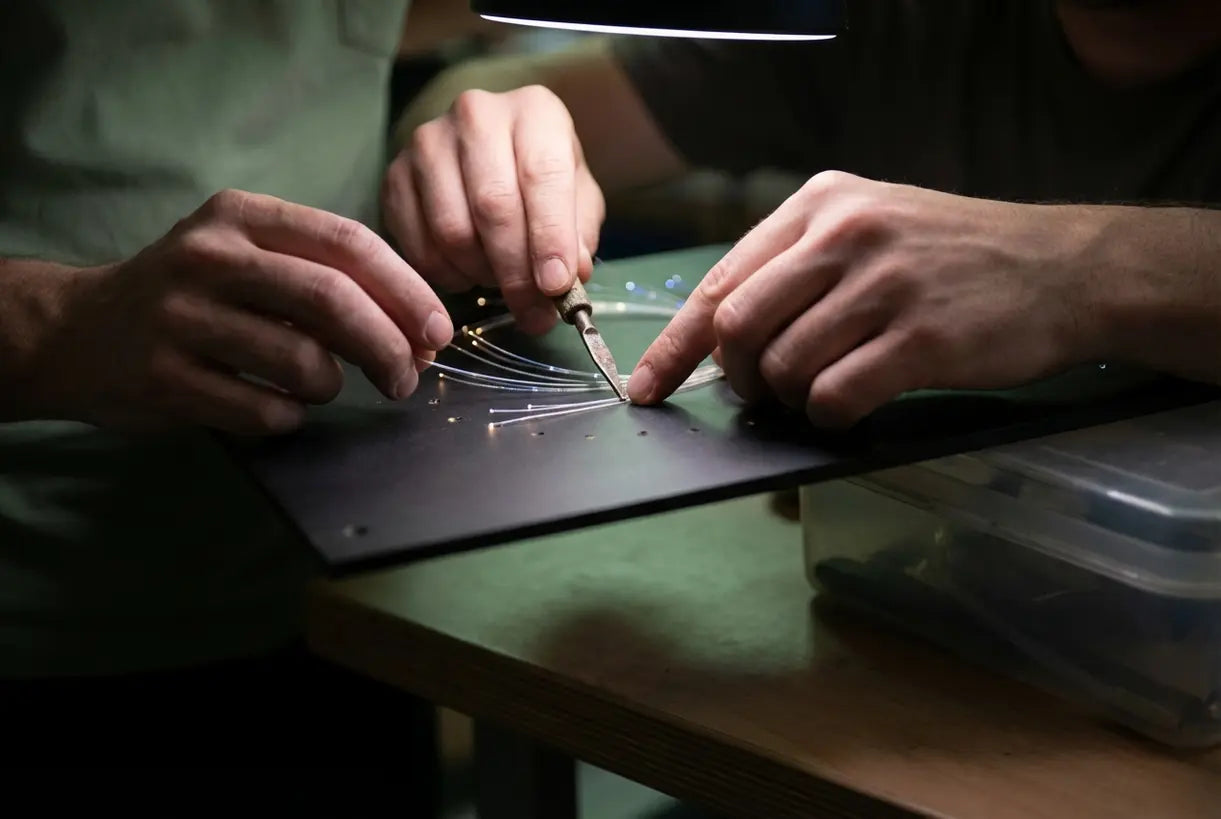 Handen installeren glasvezelverlichting voor een sterrenplafond, close-up van de installatie