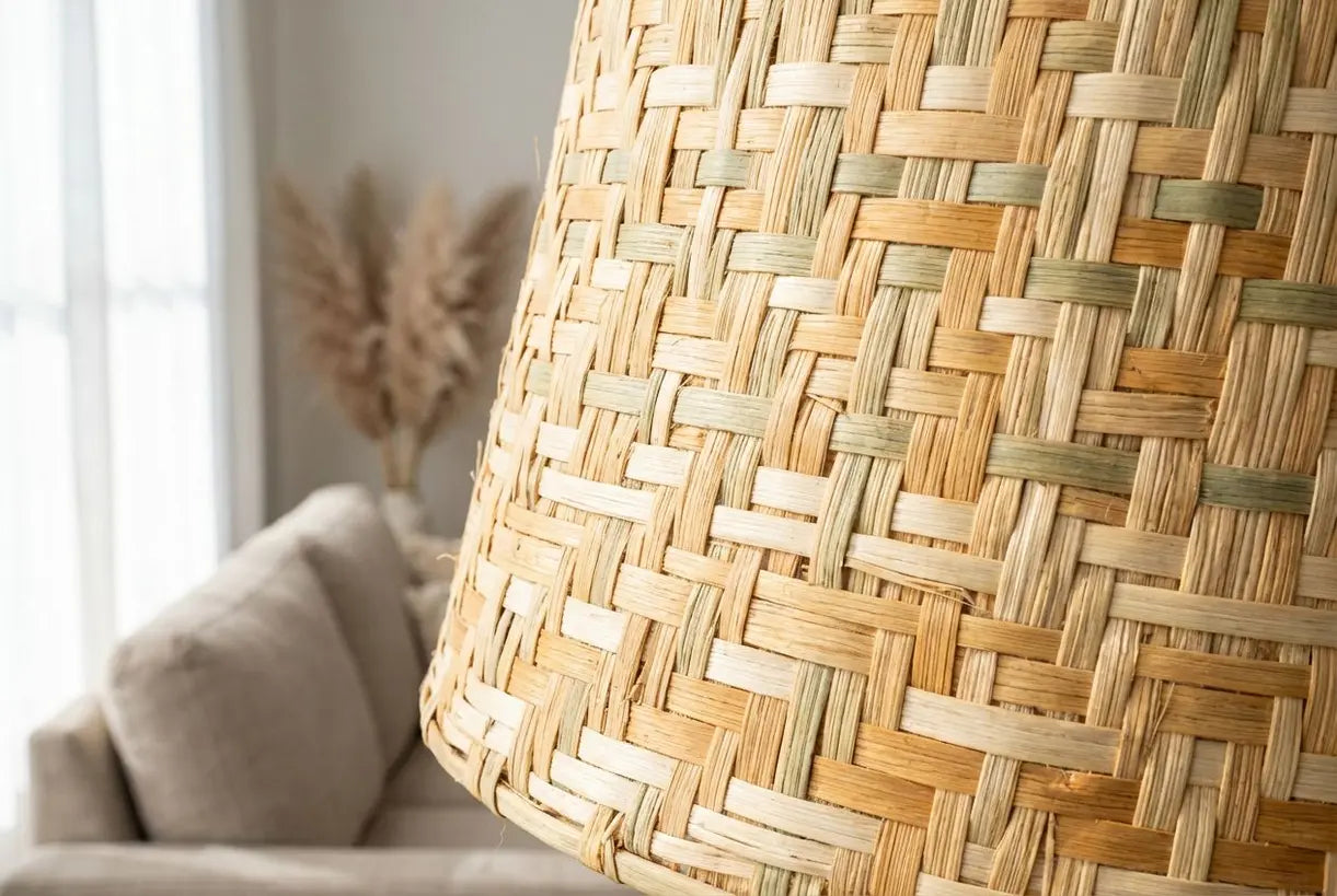 Close-up van handgeweven rotan vloerlampenkaptextuur met ingewikkeld natuurlijk weefpatroon